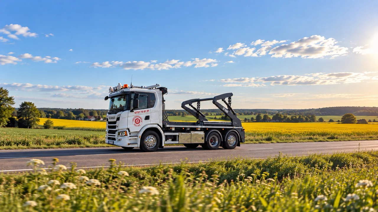 Vit Trigo Scania med liftdumper på landsväg genom Skåne, rapsfält i bakgrunden.