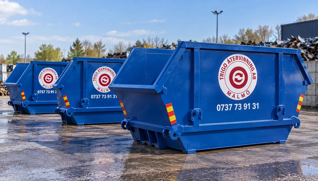 Containrar i olika storlekar uppställda på industrigård.