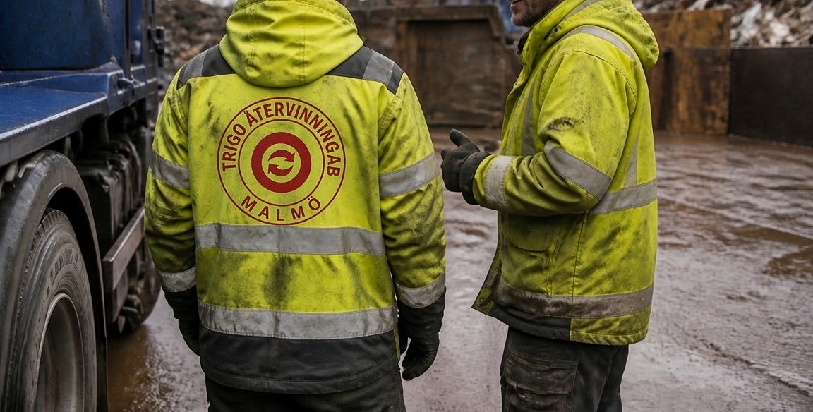 Två medarbetare i varselkläder vid en lastbil på en återvinningsgård.